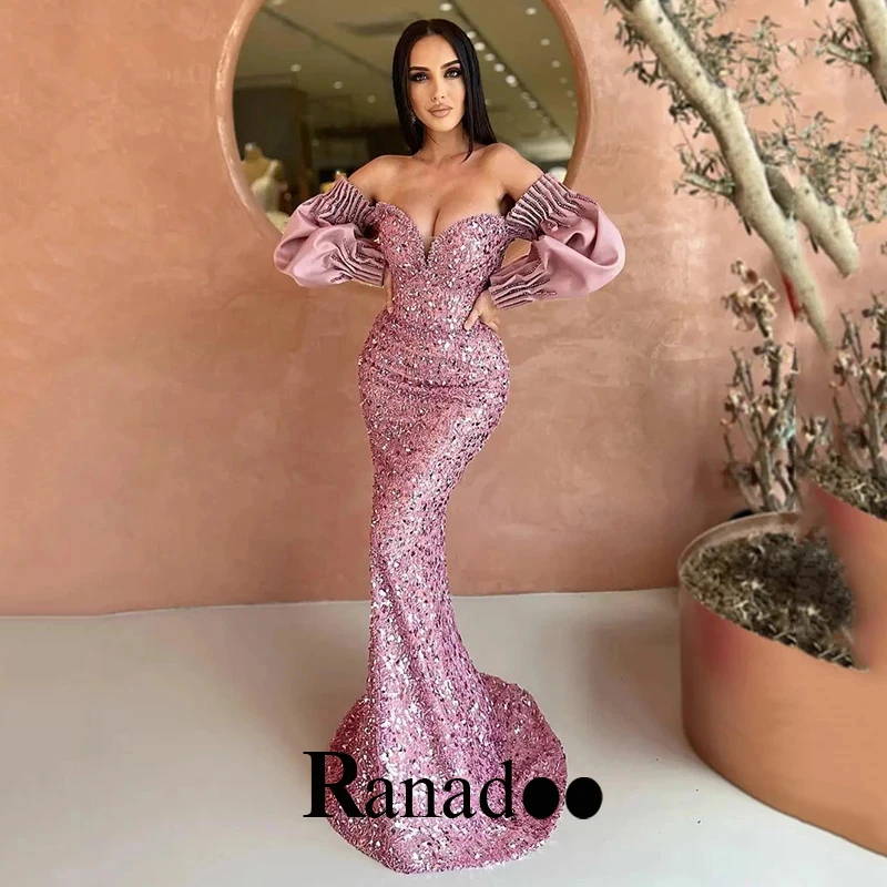 

Sexy Pink Glitter Sequins Detachable Puff Sleeve Evening Dresses Sweetheart Trumpet Abendkleider Made To Order