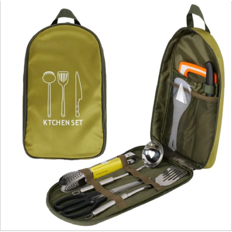 8pcs Outdoor Cooking Set Picnic Kitchenware Portable 201 Stainless Steel Storage Handbag Picnic Bag Soup Spoon