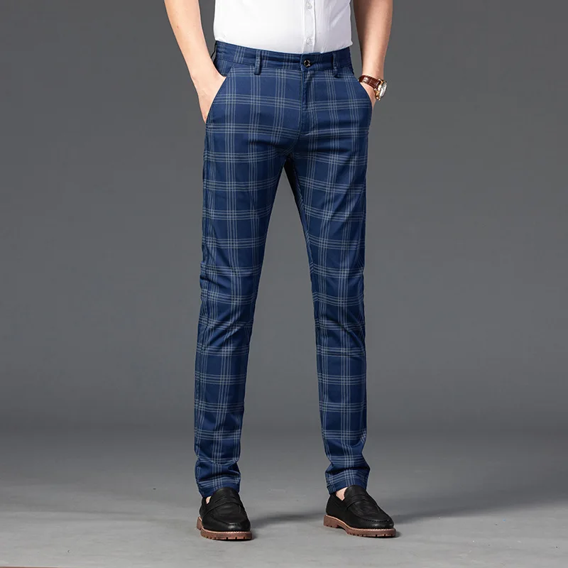 Мужские Брендовые брюки, новые модные облегающие брюки с прямыми штанинами,весенние Костюмные брюки, деловые брюки для мужчин, для деловых встреч ивечеринок, 2022 клетчатые