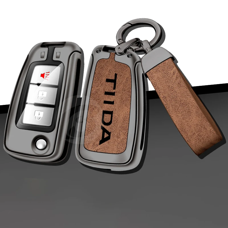 

Folding Leather Zinc Alloy Car Keychain Key Fob For Nissan Tiida 2/3/4 Buttons Keyless Case Cover Accessories