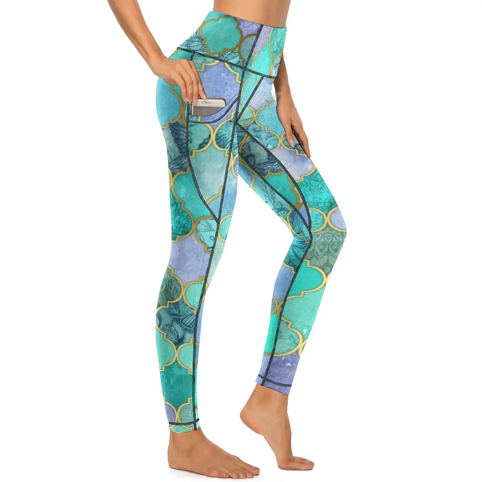 

Watercolor Baroque Yoga Pants Pockets Lady Metallic Print Leggings Sexy Push Up Elegant Yoga Sport Legging Stretch Gym Leggins