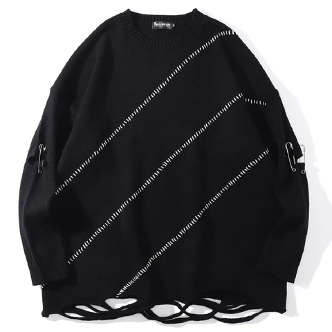 Свитер мужской повседневный большого размера, хлопковый пуловер в стиле хип-хоп, свитер с дырками и булавками, в стиле Харадзюку, черный, на осень, 2023