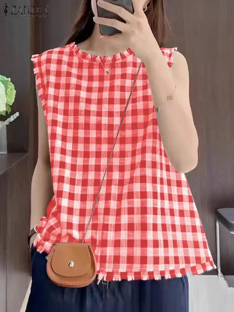 Корейский Летний клетчатый Топ ZANZEA без рукавов Женская Повседневная свободная