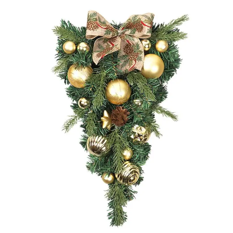 

Рождественский искусственный венок | Рождественская игольчатая гирлянда с бантом и шариками | Венок на входную дверь, висячие украшения для...