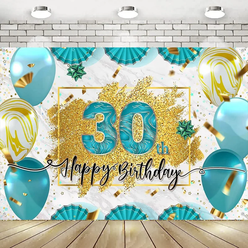

Teal Gold Happy 30th Birthday Photography Backdrop Banner Decorations Background Banner Poster Party Balloon Gift Lover