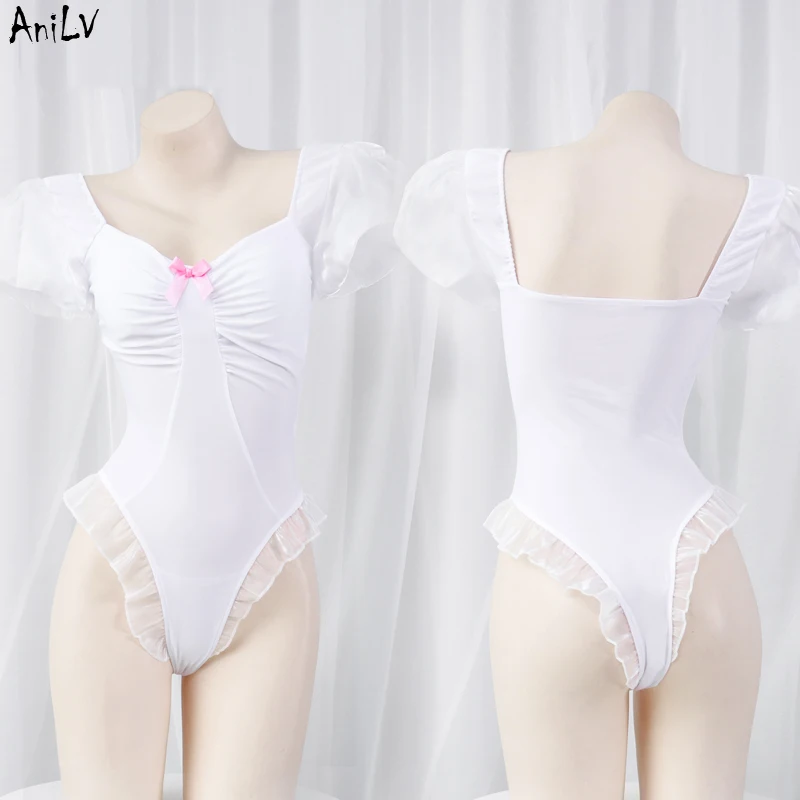 

AniLV Cute Girl Anime Student Puff Sleeves One-piece Swimstuit Swimwear Unifrom Women Bodysuit Pajamas Outfits Costumes Cosplay