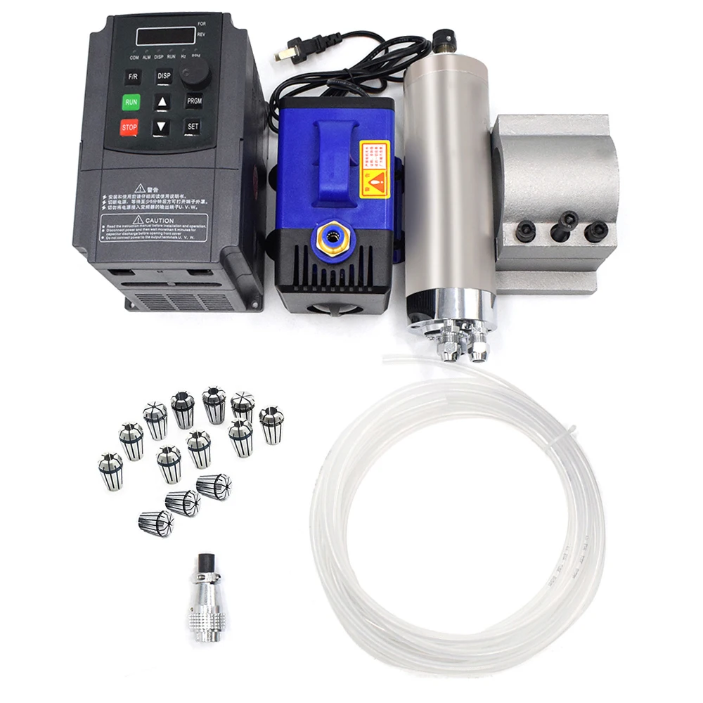 

1.2 KW Water-cooled Spindle motor +1.5KW VFD+62mm Clamp+Water Pump/5m Pipe + ER11 Collets kit for CNC Engraving Machines