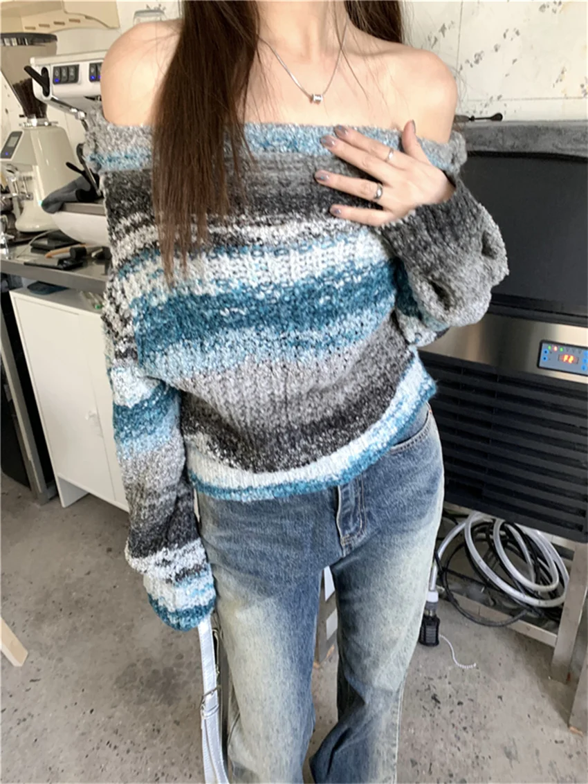 PLAMTEE нежные синие свитера женские лоскутные свободные вязаные с открытыми