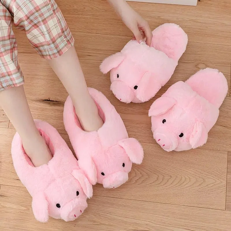 Fashion Slip On Piggy Slippers Shoes for Women Chunky Cartoon Animal Pig Cotton Shoes 2022 Autumn Winter Fluffy Slides images - 6