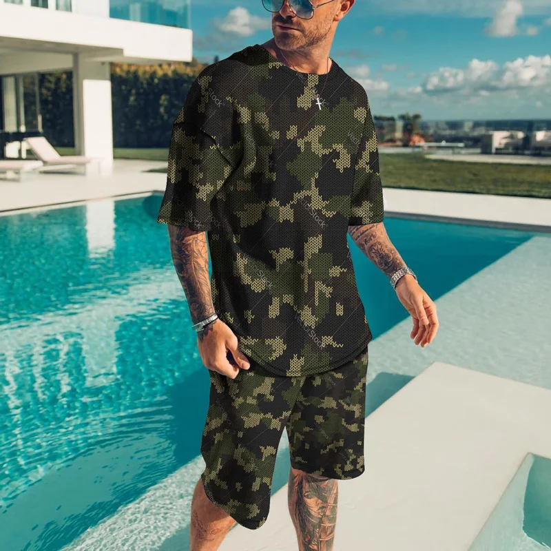 Camouflage T Shirt Summer Man Sets Oversized Outdoor Casual Sports Shorts Suits 3D Print Clothing Mens Tracksuit 2 Piece Outfits