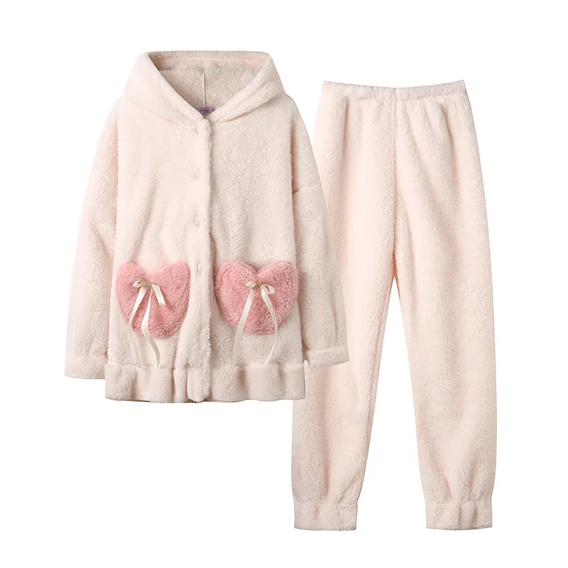 Sweet Lovely Pajamas Set Thick Warm Coral Fleece Homewear Winter Flannel Lounge Set Soft Plush Sleepwear Women Home Suit Pijama