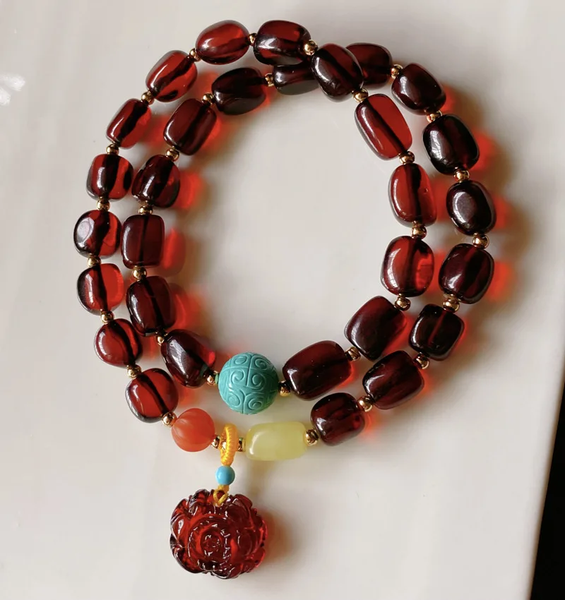 

100% Natural Red Amber Double Circle Bracelet With Turquoise Beads Bloody Amber Charm Bracelets Women Healing Gemstone Bangle