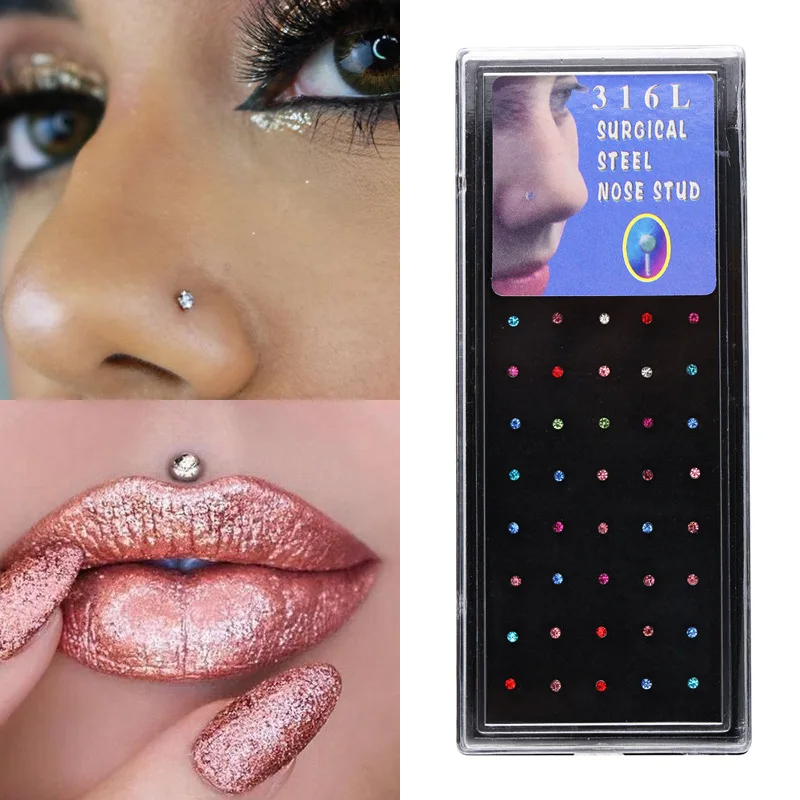 

Набор из 24/40/60 шт. модных кристальных L-образных колец для носа из нержавеющей стали многоцветные гвоздики для носа для женщин ювелирные изделия для пирсинга тела