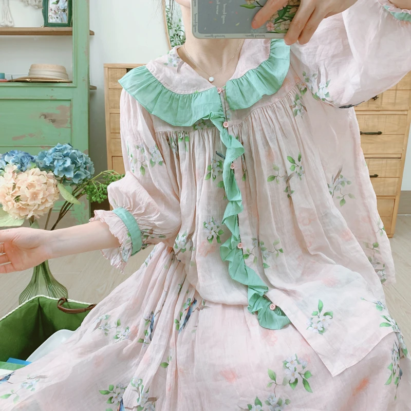 

2023 Summer New Style Literary Small Fresh Ramie Print Ruffled Mid-length Floral Blouse Ladies T-shirt
