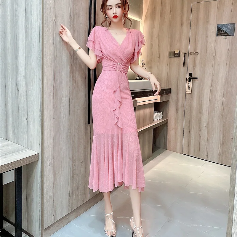 

2022 New Women's Ruffles V-Neck High Waist Bodycon Mermaid Dress Evening Party Midi Fishtail Vestidos Dresses Sexy Solid F336