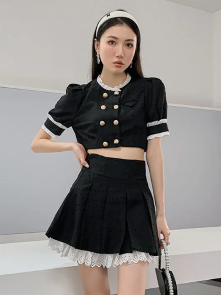 

Black Japanese Two Piece Set Women Shirt Blouse Crop Top + Pleated Skirt Suits Small Fragrance 2 Piece Sets Women Outfits