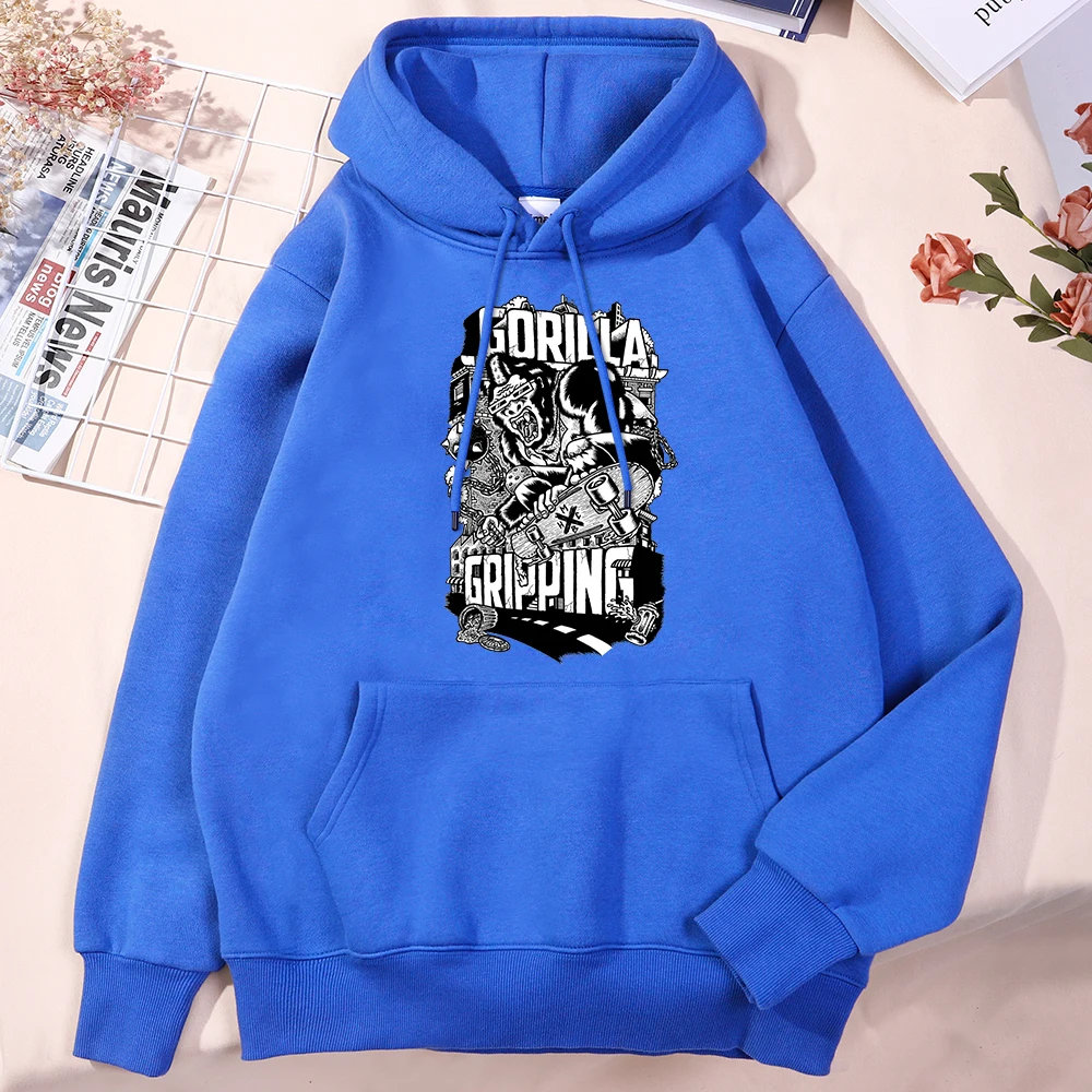 Gorilla Gripping Skateboard Hooded Men Autumn Soft Clothes Fashion Shoulder Drop Streetwears Sports Crewneck Pullovers For Men