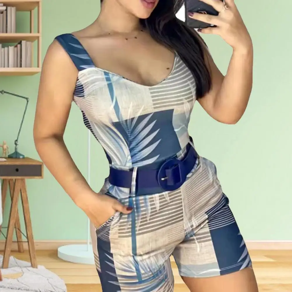 

Women Jumpsuit Hight Waist Sleeveless Shoulder Straps V Neck Plaid Print Summer Romper Leaf Pattern Women Jumpsuit