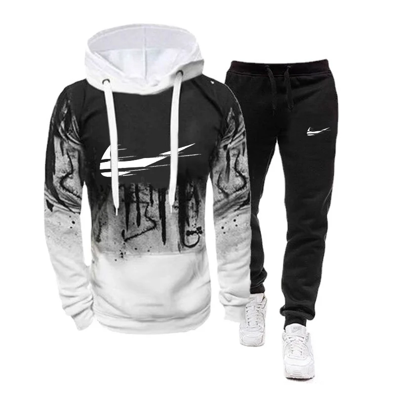 Новинка 2021, осенне-зимнее пальто с длинным рукавом и брюками IКNIKEС, трендовый спортивный костюм с капюшоном и принтом для отдыха для мужчин