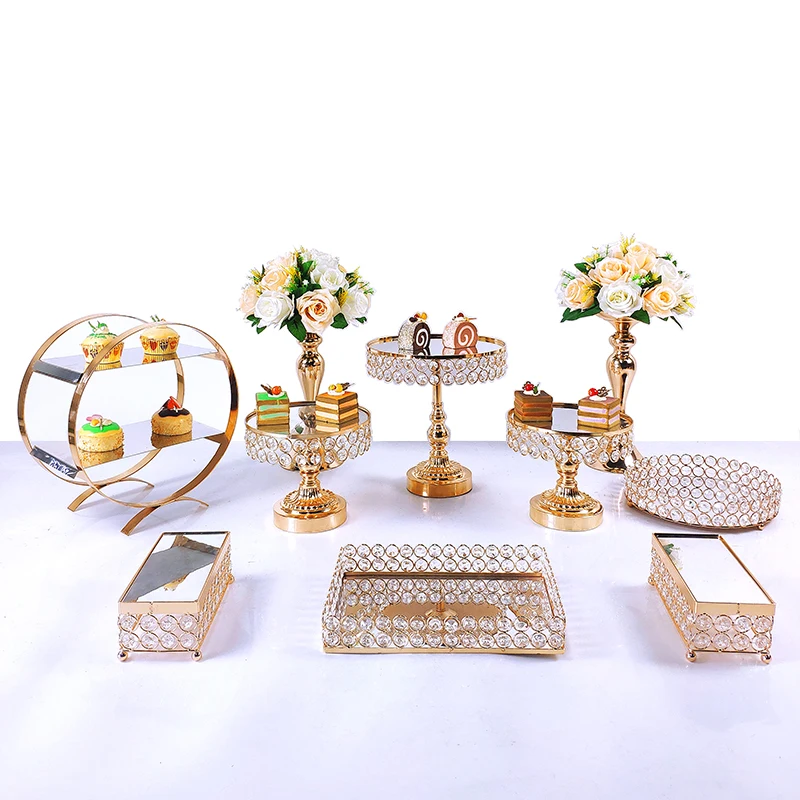 Gold Silver 7-10 Pcs  Gold Crystal Metal Wedding Cake Stand Set Rack  Holiday Party DisplayTray Cupcake  Plate images - 6