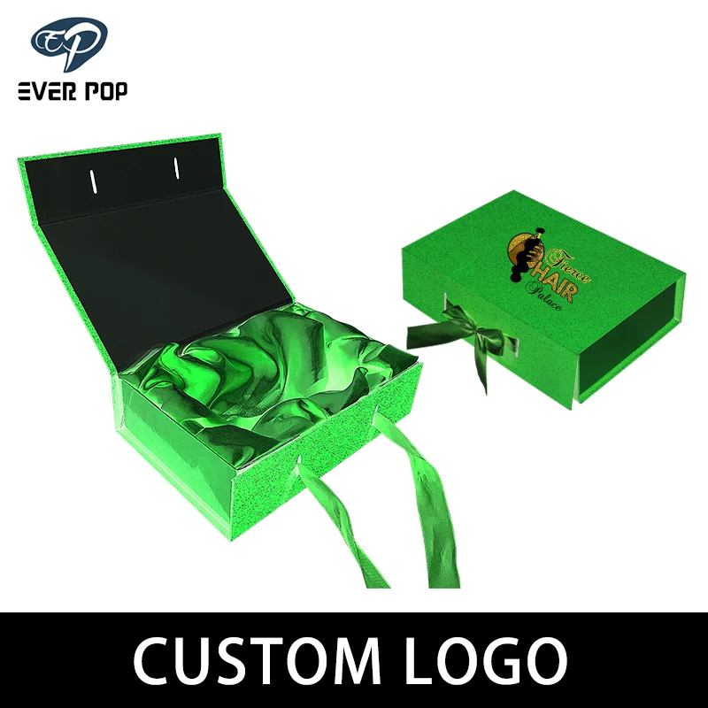 

Custom Logo Green Luxury Glitter Flap Wig Paper Box Foldable Gift Boxes With Black Ribbon Closure