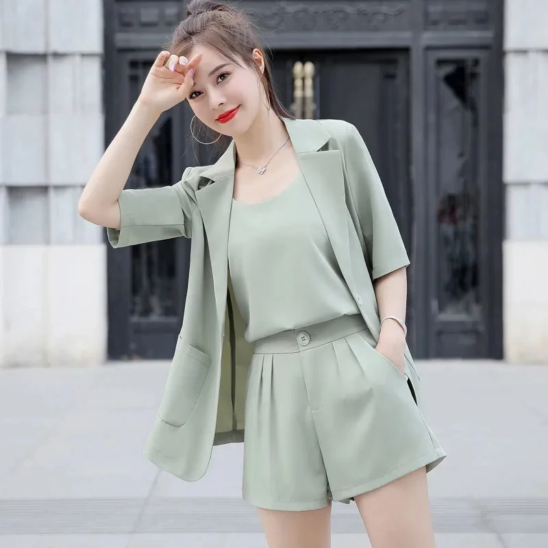

Womens Pants Sets Three Piece 2022 Summer New Women Blazer High Waist Loose Shorts Short Pants Short Sleeve Suits 3 Pieces Set