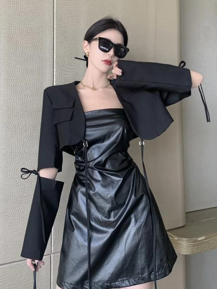 

Костюм из двух предметов, женская кожаная юбка + Блейзер, кардиган, жакет, новые модные костюмы, платье на бретелях, элегантный шикарный женс...