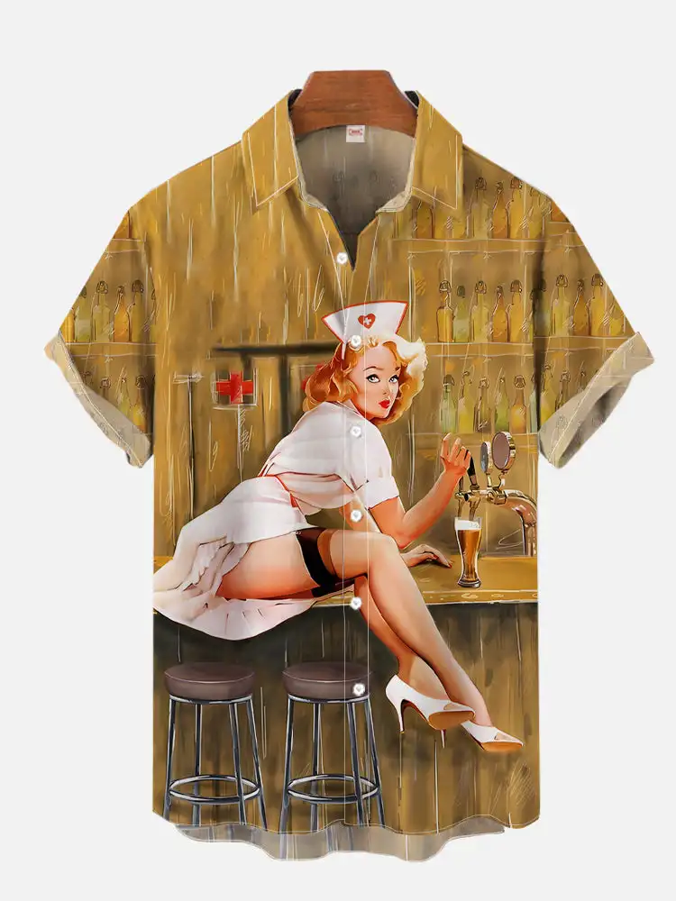 Фото 1970S-1980S Винтаж Pin Up Girl Плакат Гавайский Пляж Пастушка Печати Рубашка С Коротким Рукавом Модная Гавайская Рубашка Для Мужчин Hrajuku №3