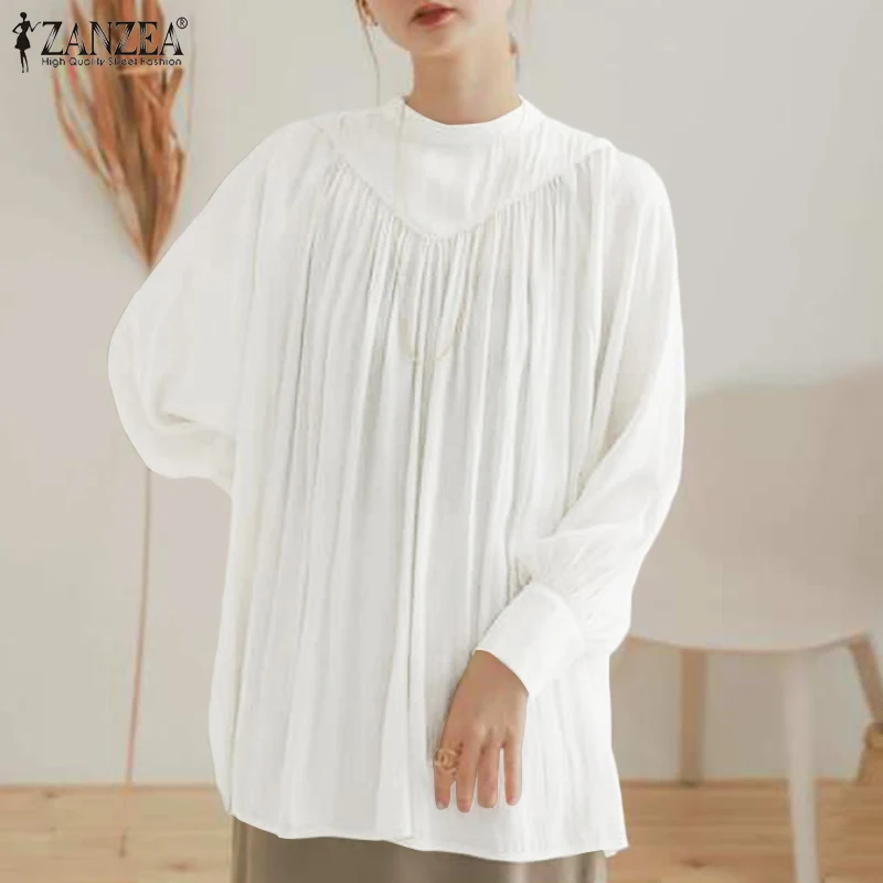 

Офисная Рабочая Рубашка ZANZEA, повседневная Корейская офисная блузка, женская элегантная плиссированная рубашка с длинным рукавом и круглым ...