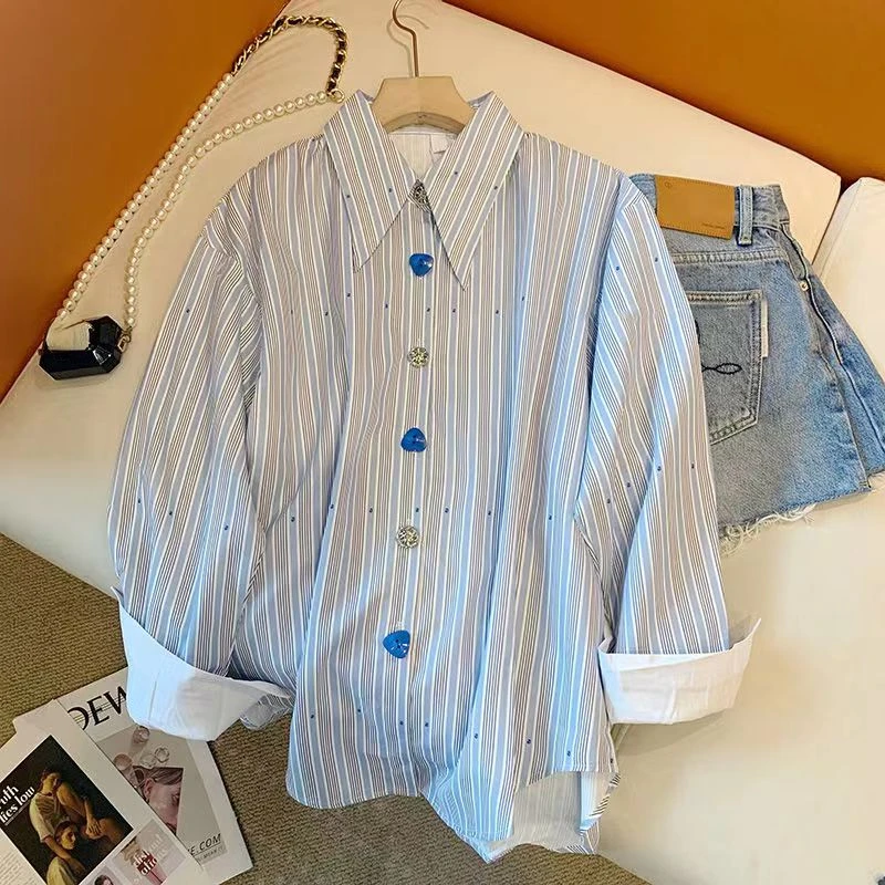 

DUOFAN Spring Autumn Blouses Female Blue Stripe Long Sleeve Shirts Women's Tops 2023 New Korean Design Feel Poloshirt for Lady