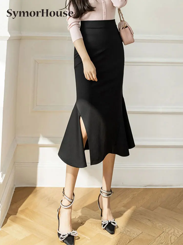 

New Elegant Black Skirt Woman Casual 2022 Fashion High Waist Split Office Lady Work Wear Package Hip Midi Mermaid Skirts Female