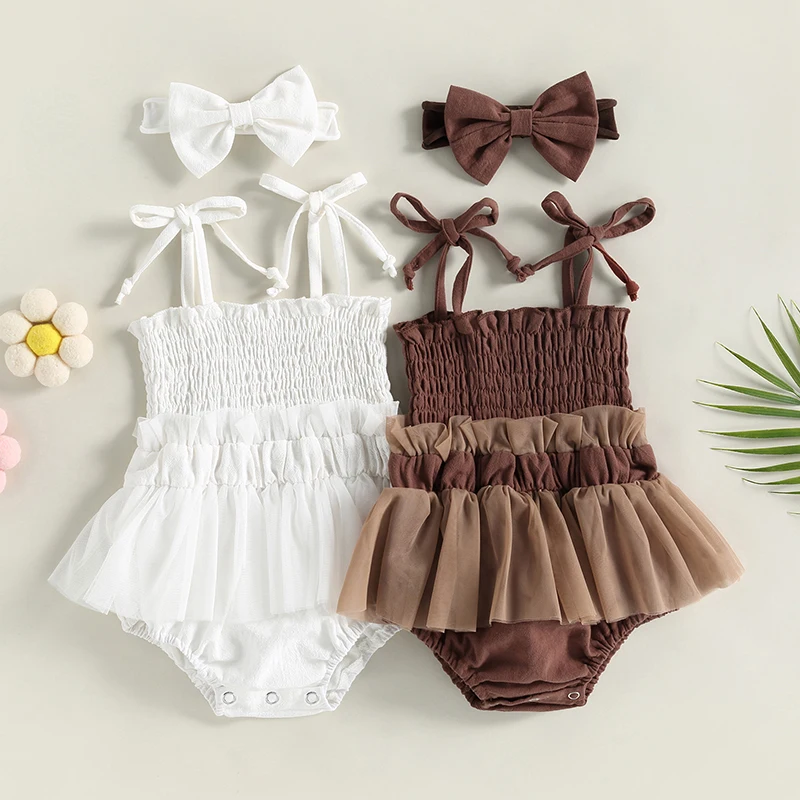 

Baby Girl 2Pcs Summer Outfits, Sleeveless Solid Color Strap Romper Dress with Headband Set 3-18Months