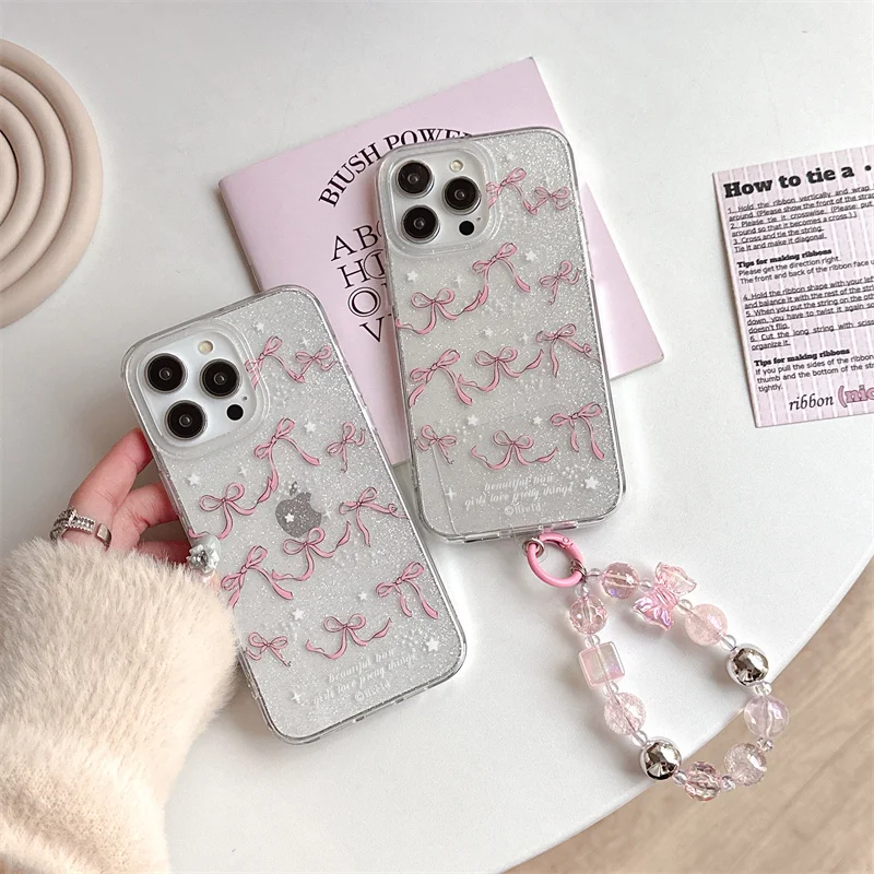 Высококачественный блестящий чехол для телефона с розовой лентой и браслетом