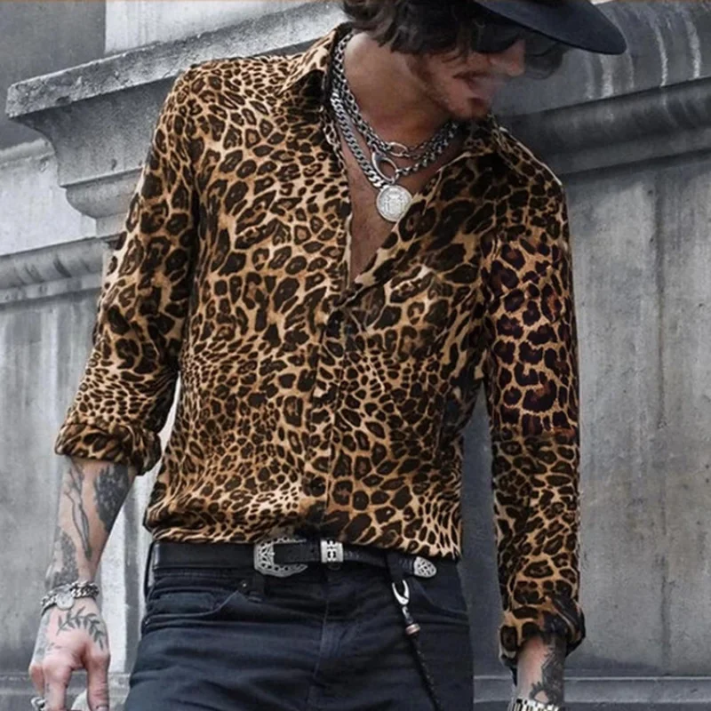 

Mens Shirts Leopard Print Long Sleeve Shirt Leisure Holiday Mens Wear