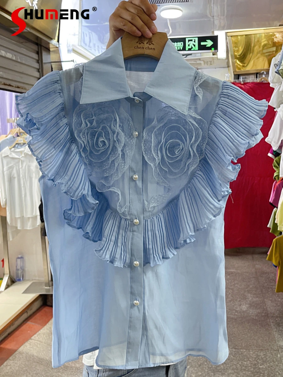 

Women's Sweet Lace 3D Plate Flower Irregular Ruffled Blusas Ladies 2022 Summer Fashion Row Pearl Buckle Sleeveless Elegant Shirt