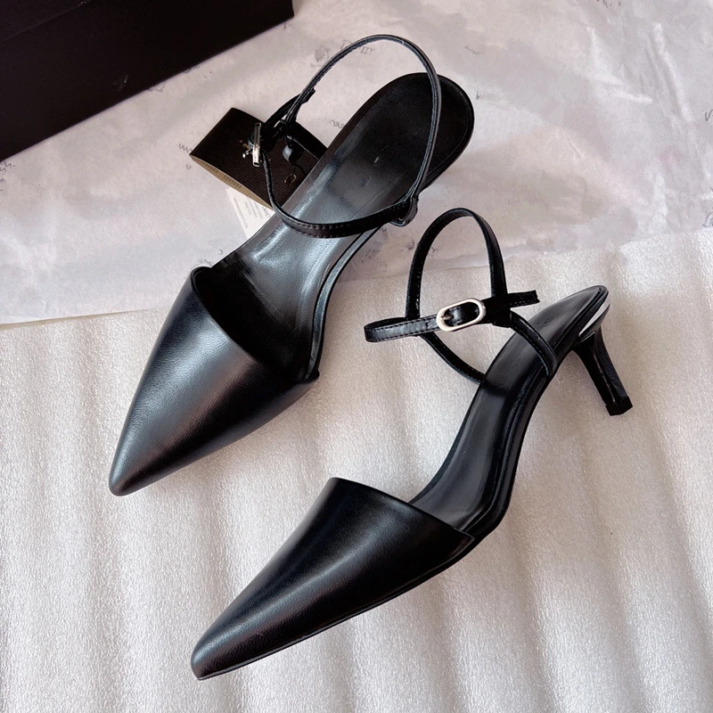 Elmsk Solid Color Party Genuine Leather Ladies Sandals Women 2023 Summer French Retro Pointed Toe Stiletto Sandals