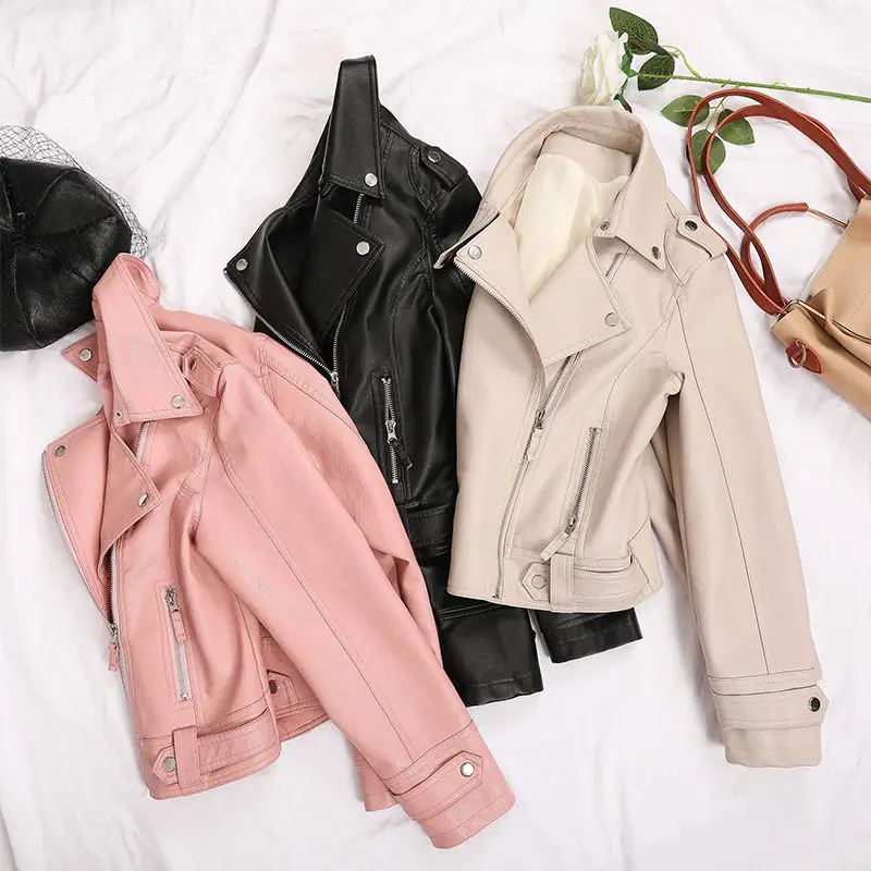 2022 Spring Autumn Women Faux Leather Slim Jacket Casual All Match PU Punk Motorcycle Leather Coat Female Zipper Rivet Outerwear
