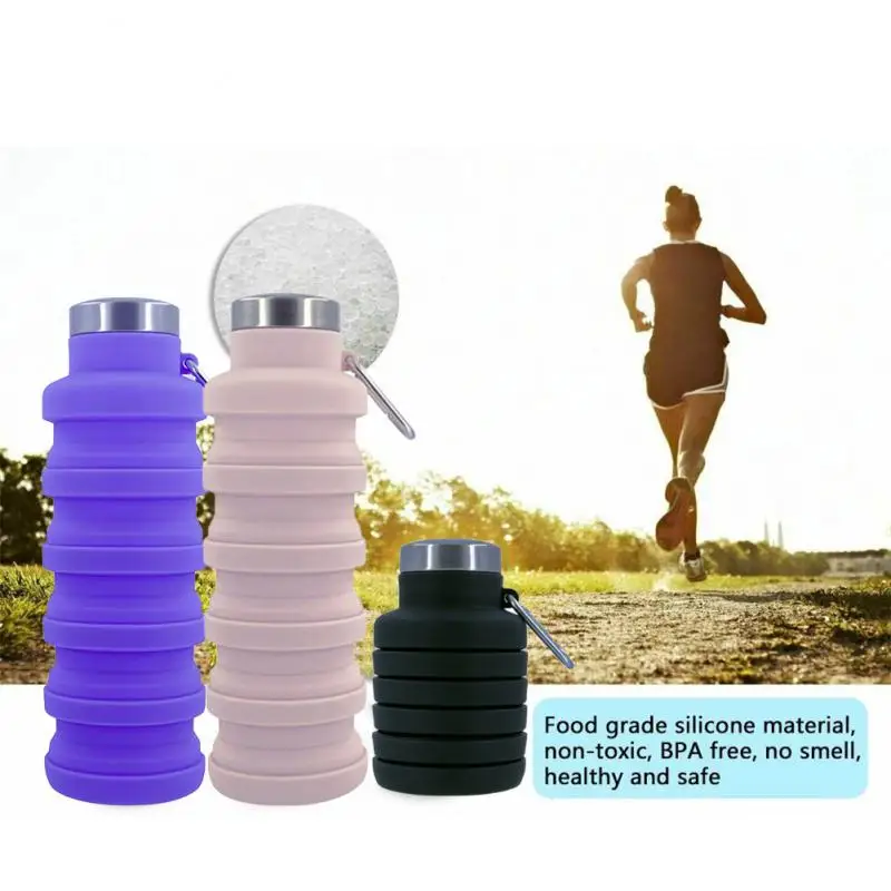 

With Carabiner Foldable Water Bottle 500ml Portable Retractable Silicone Water Bottle Outdoor Travel Sports Cup Drinkware Kettle