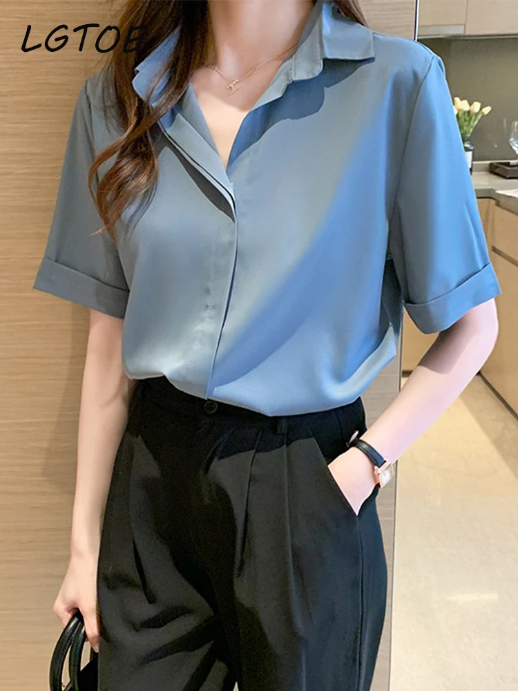 

Женская шифоновая блузка с коротким рукавом и V-образным вырезом