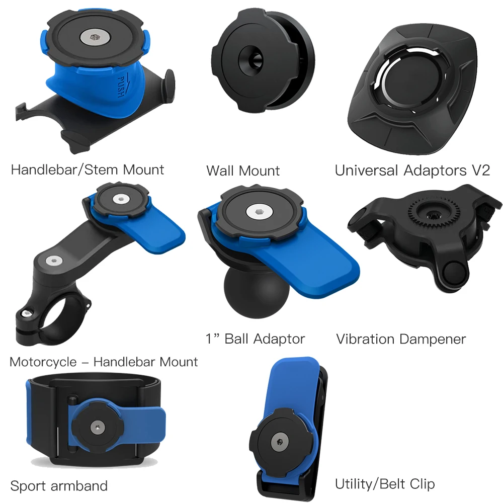 

Bicycle Handlebar Stem Holder Phone Quad & Motocycle &Universal adaptors V2 & Wall Mount & VIBRATION DAMPENER Self LOCK