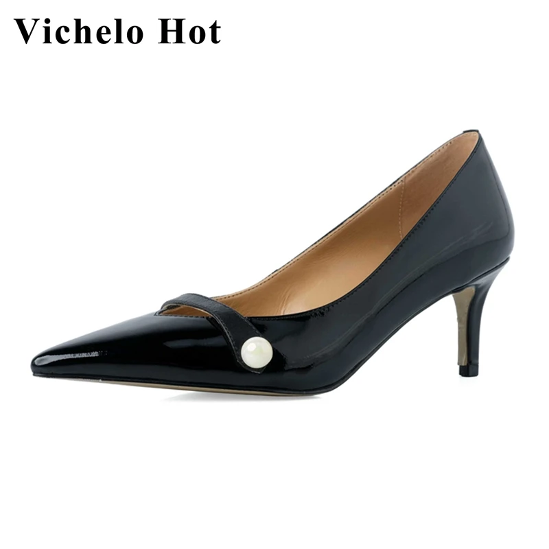 

Женские офисные туфли-лодочки Vichelo, элегантные туфли из натуральной кожи с острым носком на тонком высоком каблуке, повседневная одежда для ...