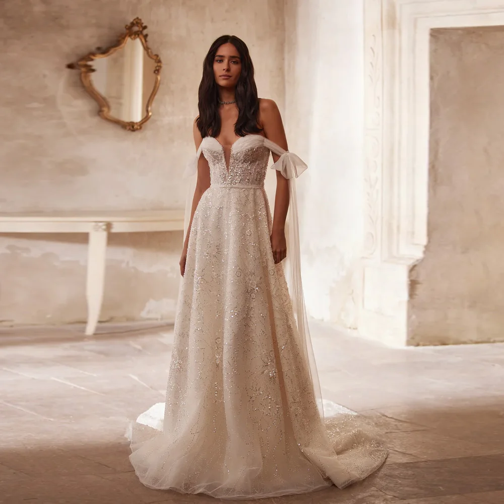 

Glitter Off the Shoulder Wedding Dresses Sweetheart Neck Bridal Gowns Sequined Floor-Length A-Line Tulle Robe De Mariee 2023