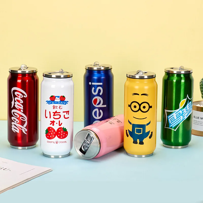 500ml Cola Cup with Lid 304 Stainless Steel Cute Cola Can Portable Coffee Kids Tumbler Cup Cans New