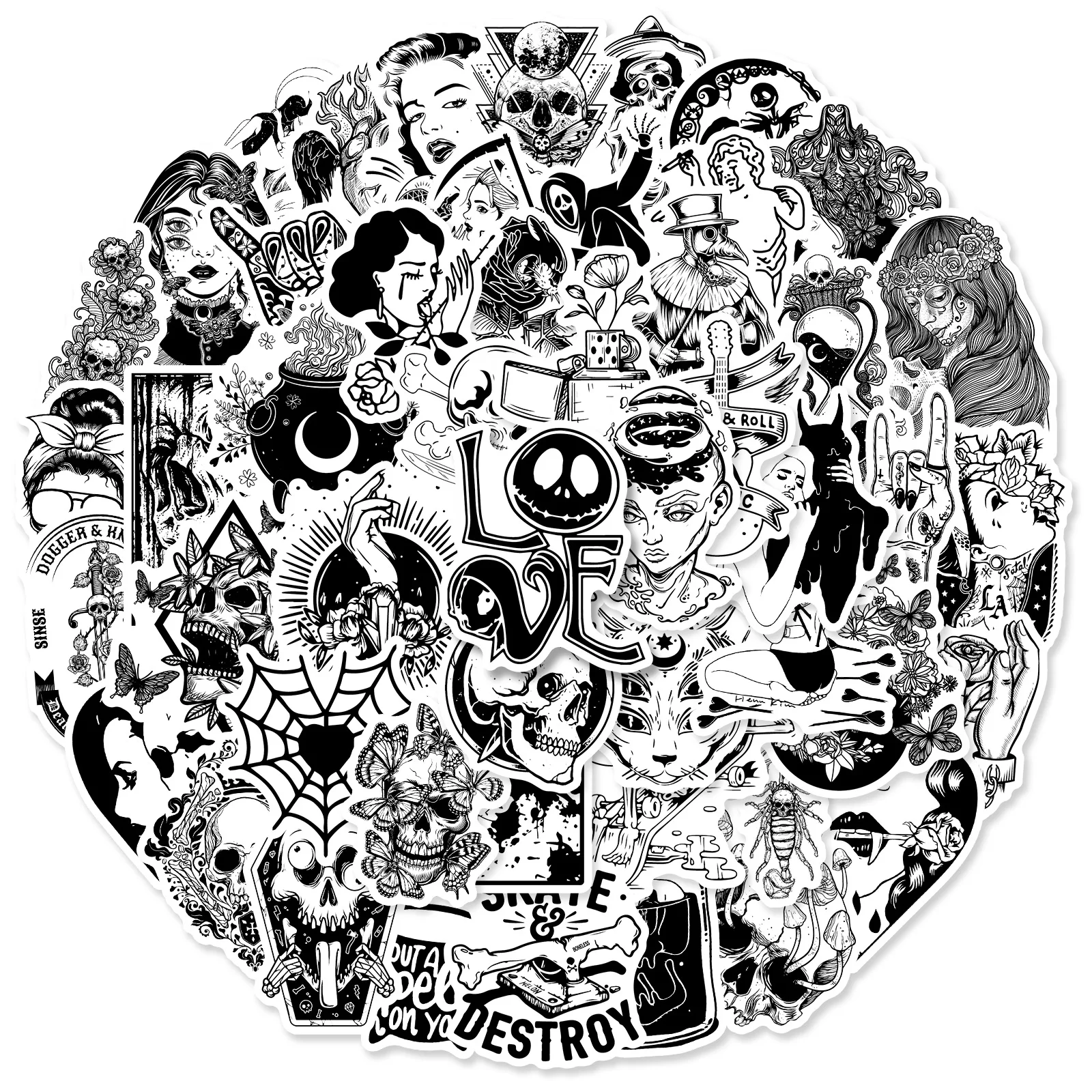 

10/50Pcs Black and White Gothic Horror Style Series Graffiti Stickers PVC Desktop Refrigerator Wall Decorative Stickers