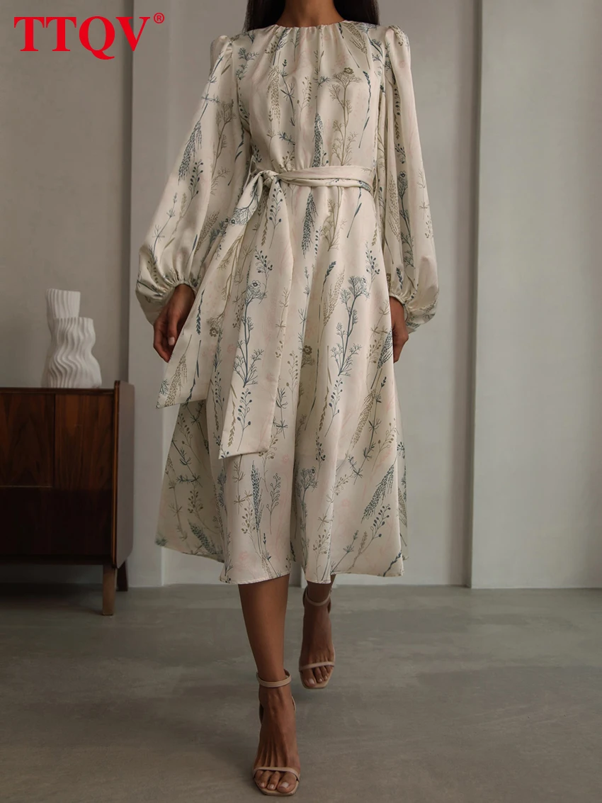 

TTQV Elegant Satin Beige Dresses For Women 2023 Fashion Floral Print Long Sleeve New In Dresses Casual Loose Midi Dress Female