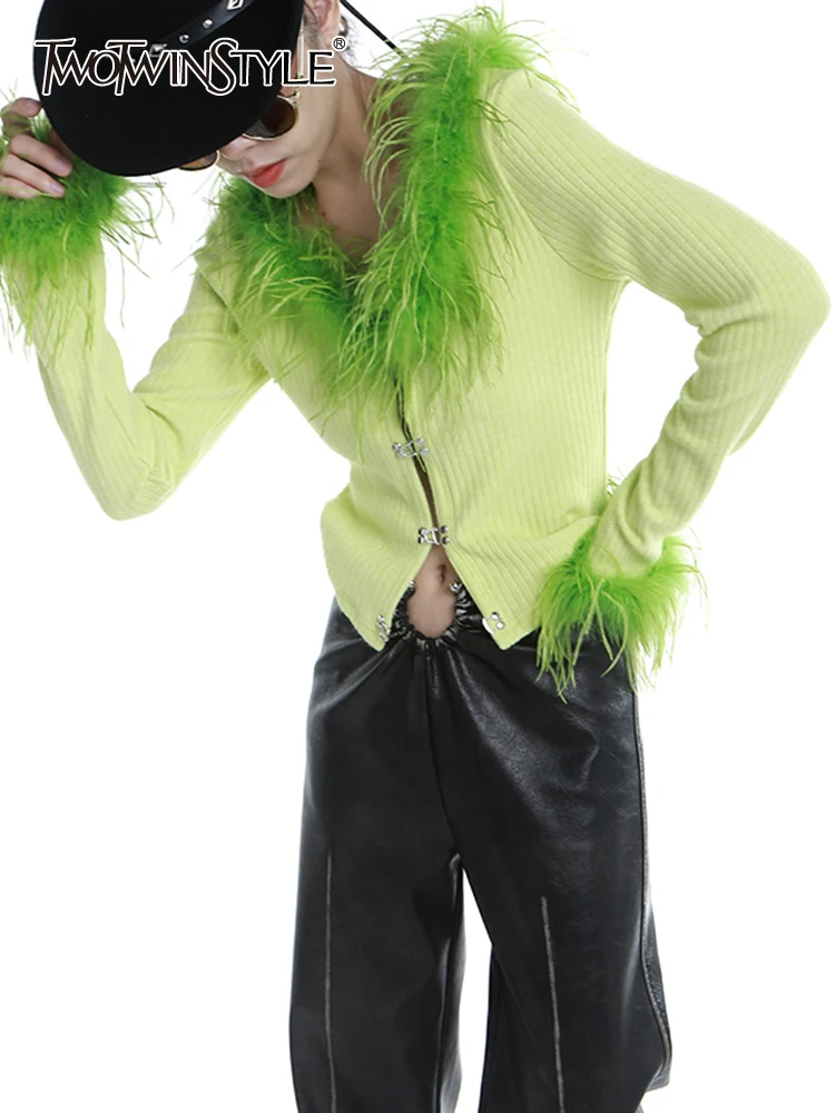 

TWOTWINSTYLE Green Patchwork Feathers Coat For Women V Neck Long Sleeve Streetwear Coats Female Spring Fashion Clothing 2022 New