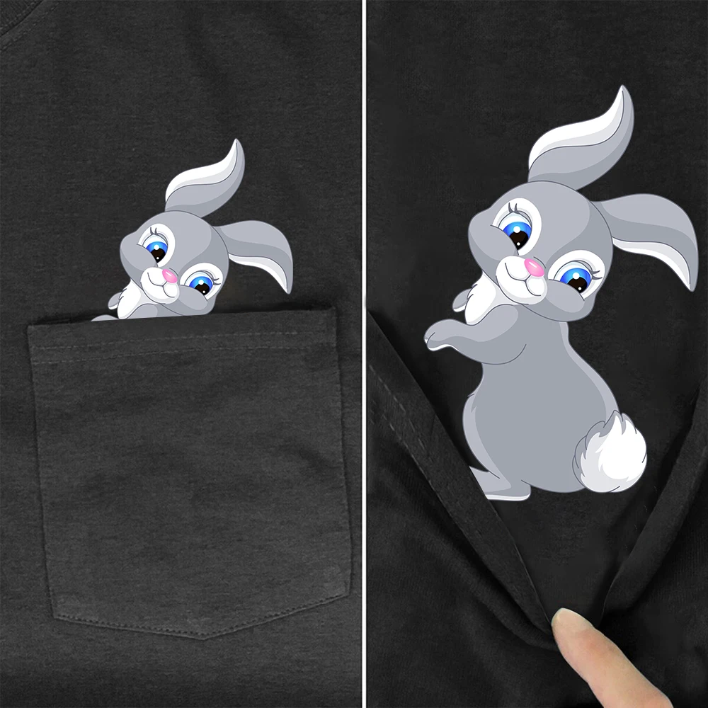 

CLOOCL Cute Bunny T-shirts Black Pure Cotton Gray Rabbit Pocket Tees Funny Womens Tees Summer Hip Hop Tops Graphic T Shirts