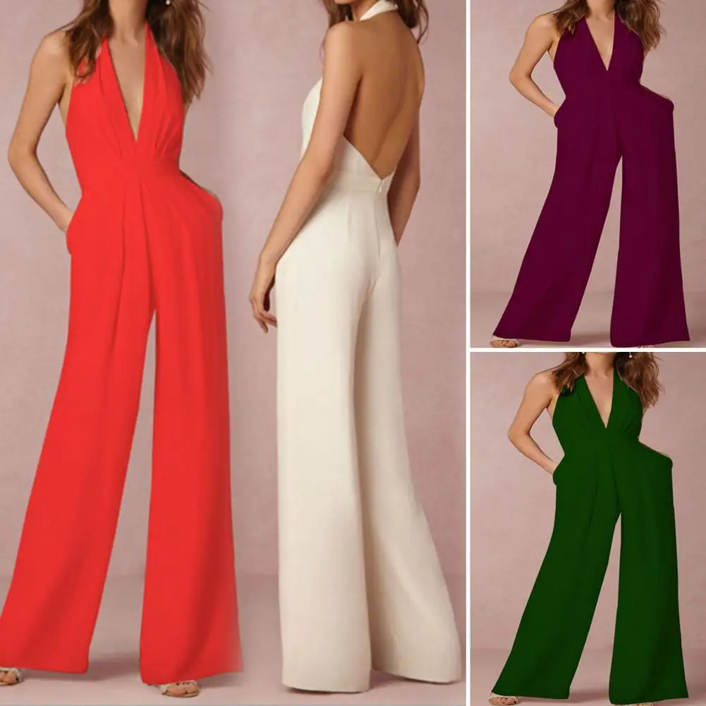 

Women Jumpsuit Solid Color Deep V Neck Temperament Wide Leg Long Pants Backless Halterneck Jumpsuit Summer Romper Wear