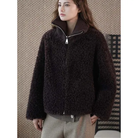 HanOrange 2025 зимняя плюшевая куртка дымчато-серый/шоколадный