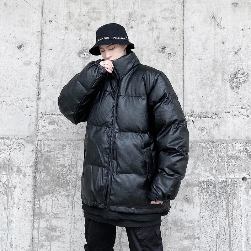 

EOENKKY/Thicken Black Mens Parkas Oversized Warm Winter Leather Coats Harajuku Street Male Loose Cotton Padded Jackets M-5XL
